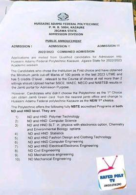 Hussaini Adamu Federal Polytechnic Admissions, 2023/2024