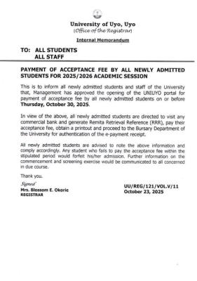 UNIUYO announces deadline for the payment of acceptance fee, 2025/2026