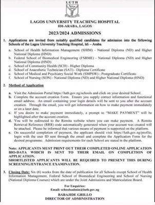 Lagos State University Teaching Hospital, Idi Araba admission forms, 2023/2024