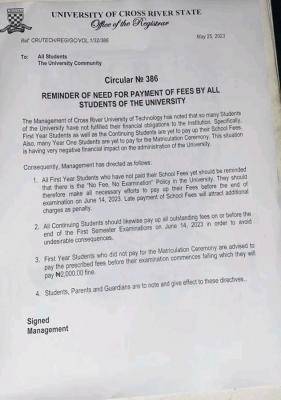 UNICROSS notice to students on payment of fees