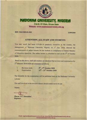 Madonna University online 2nd semester revision and examination date