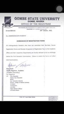 GSU notice to students on submission of course registration form
