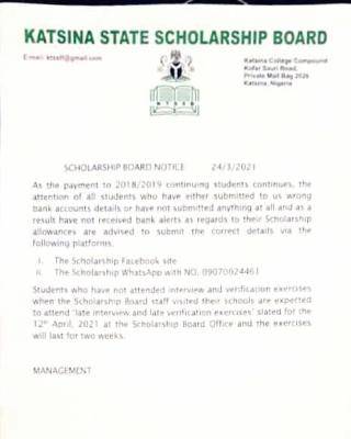 Katsina State Scholarship Board notice to students