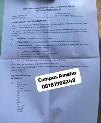 IMT, Enugu notice to students on procedure for registration to resit exams