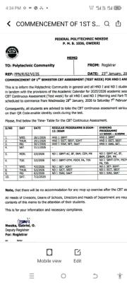 Federal Polytechnic, Nekede announces First Semester CBT assessment for NDI and HND I