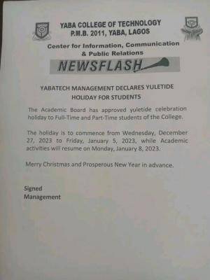 YABATECH management announces yuletide holiday for students