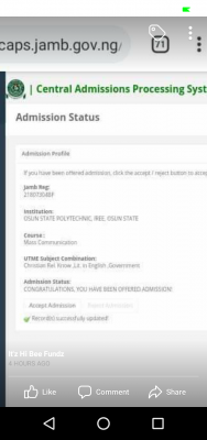 OSPOLY 1st batch admission list out on JAMB CAPS ,2020/2021 session