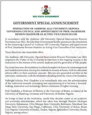 Edo Government appoints acting Vice Chancellor for AAU