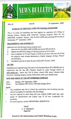 ABUTH School of Nursing announces screening exercise date, 2025/2026
