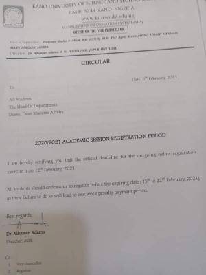 KUST wudil extends registration deadline, 2020/2021 session