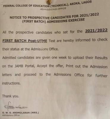 FCE (T) Akoka notice to first batch admitted candidates, 2021/2022