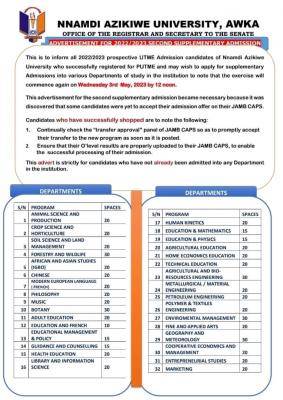 UNIZIK 2nd supplementary admission form for 2022/2023 session