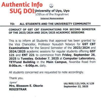 UNIUYO announces GST CBT exams for 2023/24 & 2024/25 sessions