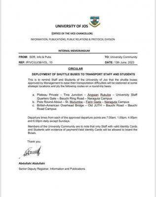 UNIJOS notice on deployment of shuttle buses to transport staff and students