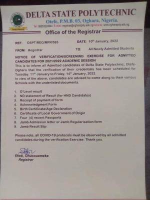 Delta State Poly Otefe Oghara notice on verification/screening exercise for new students