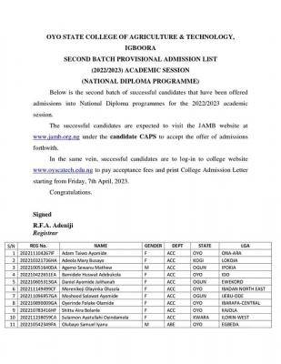 Oyo State College Of Agriculture ND 2nd batch Provisional admission list, 2022/2023