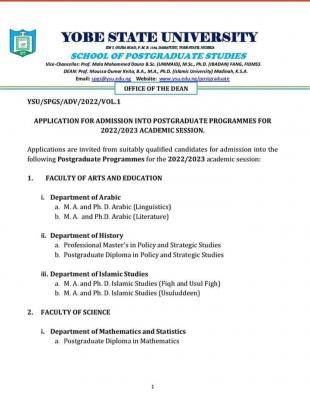Yobe State University Postgraduate Admission, 2022/2023