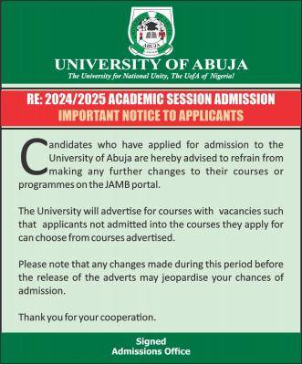 UNIABUJA notice to 2024/2025 Post-UTME applicants