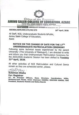Aminu Saleh COE notice on change of date for 17th Matriculation ceremony