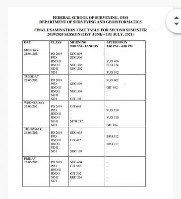 FSS Oyo 2nd semester examination timetable, 2019/2020