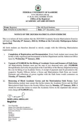 FUKashere to hold 2025/2026 Matriculation Ceremony January 8th