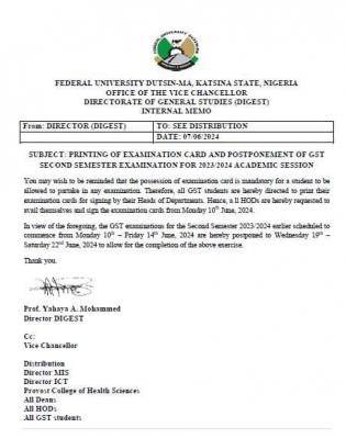 FUDMA notice on examination card and postponement of GST exams