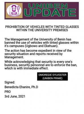 UNIBEN bans use of tinted vehicles on campus