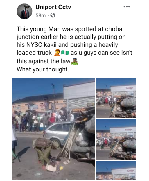 Man in NYSC khaki pushing a truck load of plastics causes a stir