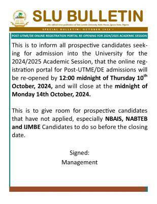 SLU reopens Post UTME/DE registration portal, 2024/2025