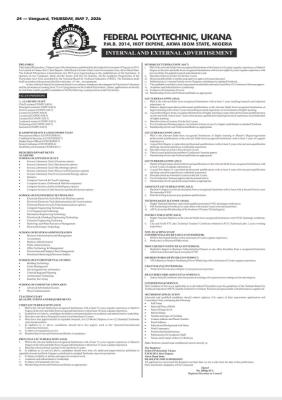 Federal Polytechnic, Ukana announces vacancies