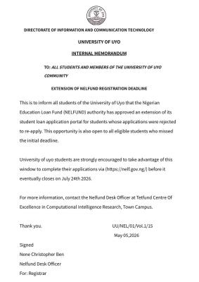 UNIUYO announces extension of NELFUND Application deadline, 2025 /26