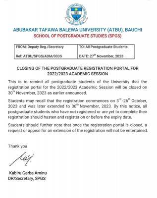 ATBU notice on closing of Postgraduate registration portal for 2022/2023 session