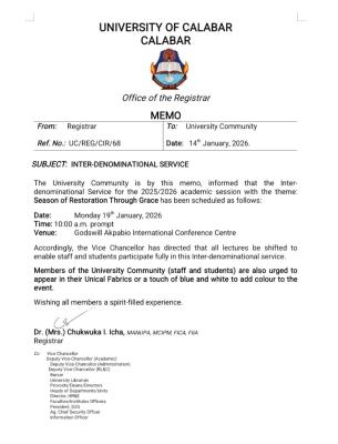UNICAL announces Inter-Denominational Service, reschedules lectures