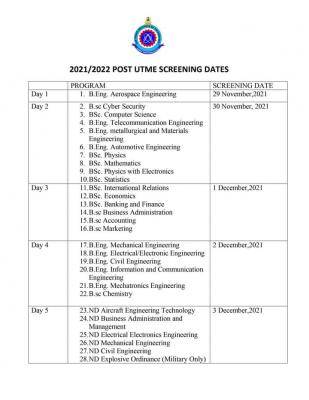 AFIT Post-UTME screening schedule, 2021/2022