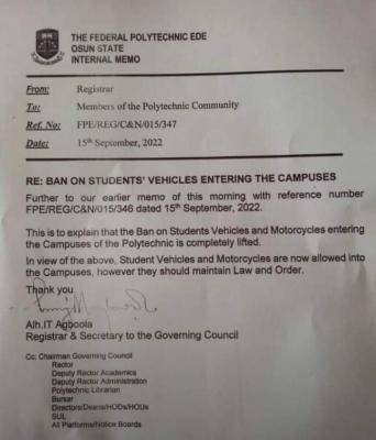 Fed Poly, Ede lifts ban on students vehicle entering the campus