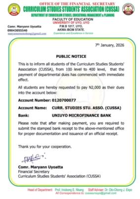 UNIUYO, Department of Curriculum Studies notice on payment of dues