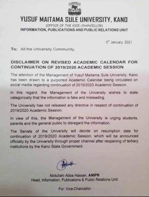 Yusuf Maitama Sule university disclaims circulated revised academic calendar