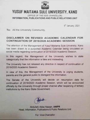 Qu9IIe3MbaiuFqOV458ZCitqGMurmpuMw6bd31Wz Yusuf Maitama Sule university disclaims circulated revised academic calendar