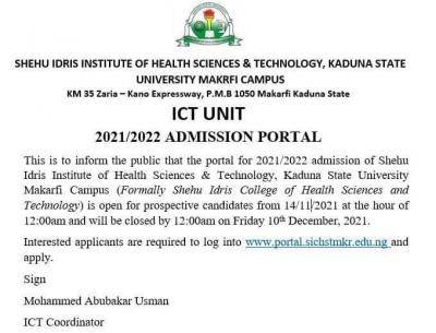Shehu Idris Institute of Science, Kaduna Admission 2021/2022