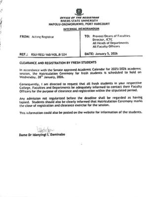 RSUST notice on registration deadline and matriculation of new students, 2025/2026