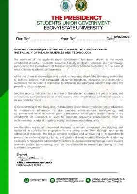 EBSU SUG demands transparency over withdrawal of Health Science students