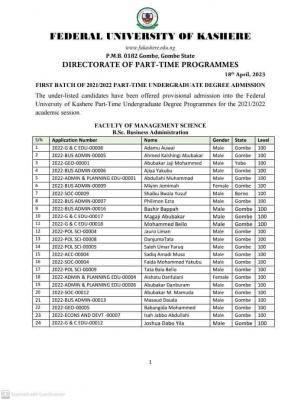 FUKashere 1st batch part time degree admission list, 2021/2022 session