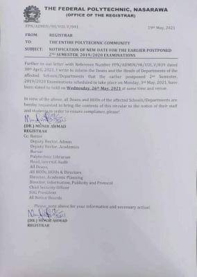 Fed Poly notice on new date for earlier postponed 2nd semester exam, 2019/2020