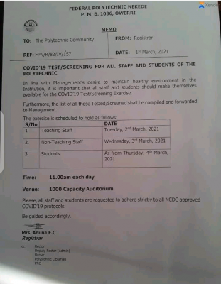 Fed Poly Nekede notice to staff and students on COVIS-19 test/screening