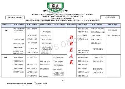 KSUSTA Diploma first semester lecture timetable, 2022/2023