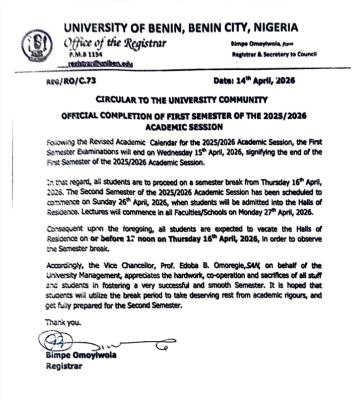 UNIBEN ends 1st semester, sets resumption date for 2nd Semester, 2025/2026