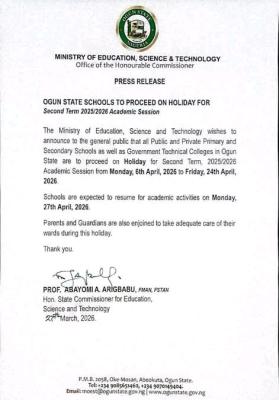 Ogun State Schools announces commencement of 2nd term holiday, 2025/2026