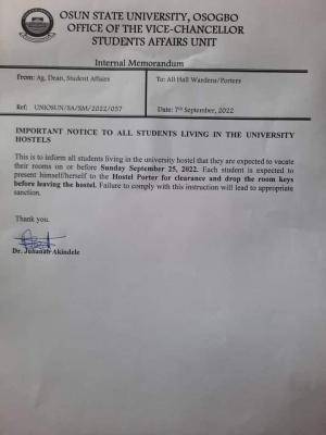 UNIOSUN notice to students living in Hostels