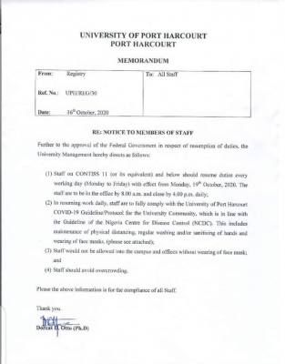 UNIPORT notice to staff on resumption