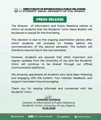 UNIUYO SUG notice to students